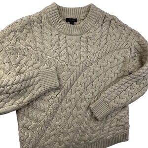 JCrew Cable Knit Crewneck Sweater Womens S Oatmeal Beige Lambswool Blend Cozy